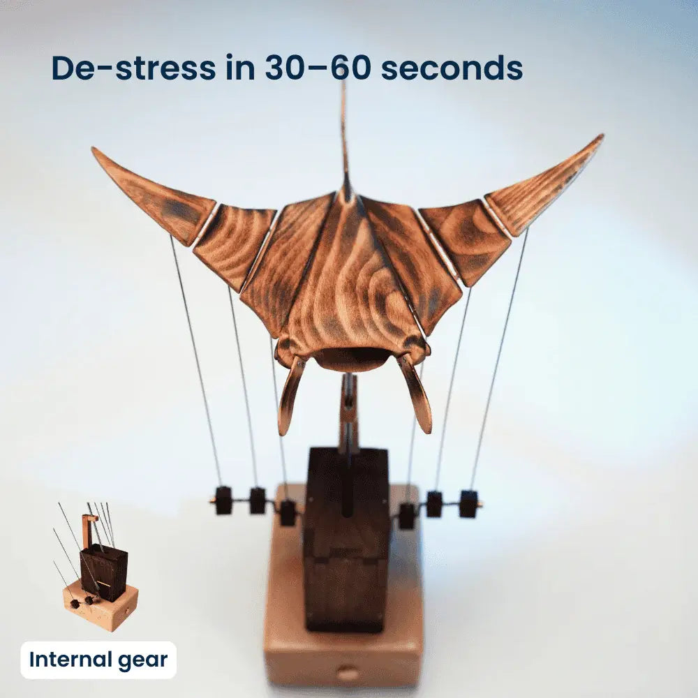 Wooden toy with marionette strings on a white background, labeled 'De-stress in 30-60 seconds'.