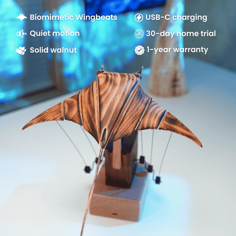 MeanfunLover Handcrafted Wooden Manta Ray Automaton Original Handmade Wood Carving Vintage Art Ornament Living Room Desktop Decoration